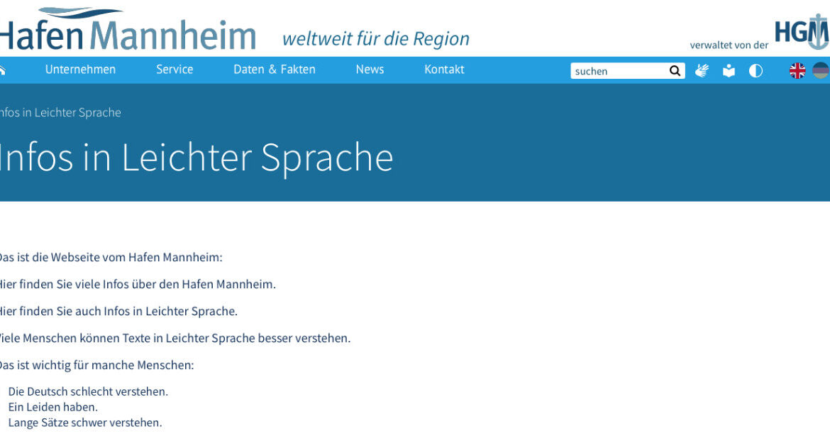 Screenshot der Webseite hafen-mannheim.de, die zeigt, wie Leichte Sprache dort angewendet wird