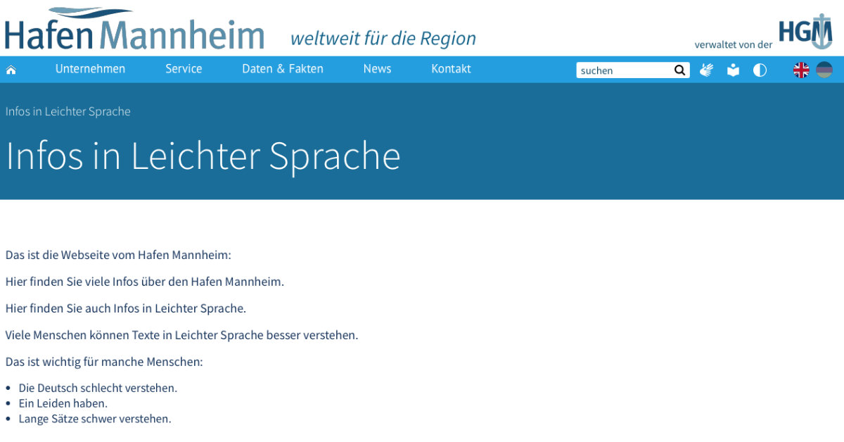 Screenshot der Webseite hafen-mannheim.de, die zeigt, wie Leichte Sprache dort angewendet wird