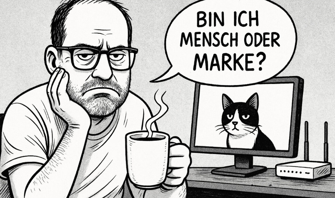 Schwarz-weiß Comic-Illustration eines mürrisch dreinblickenden Mannes mit Brille und Bart, der mit der linken Hand den Kopf abstützt und in der rechten Hand eine dampfende Tasse Kaffee hält. Neben ihm liegt eine Katze, im Hintergrund ein Monitor mit Katzenbild und ein WLAN-Router. In einer Sprechblase steht: „Bin ich – Mensch oder Marke?“