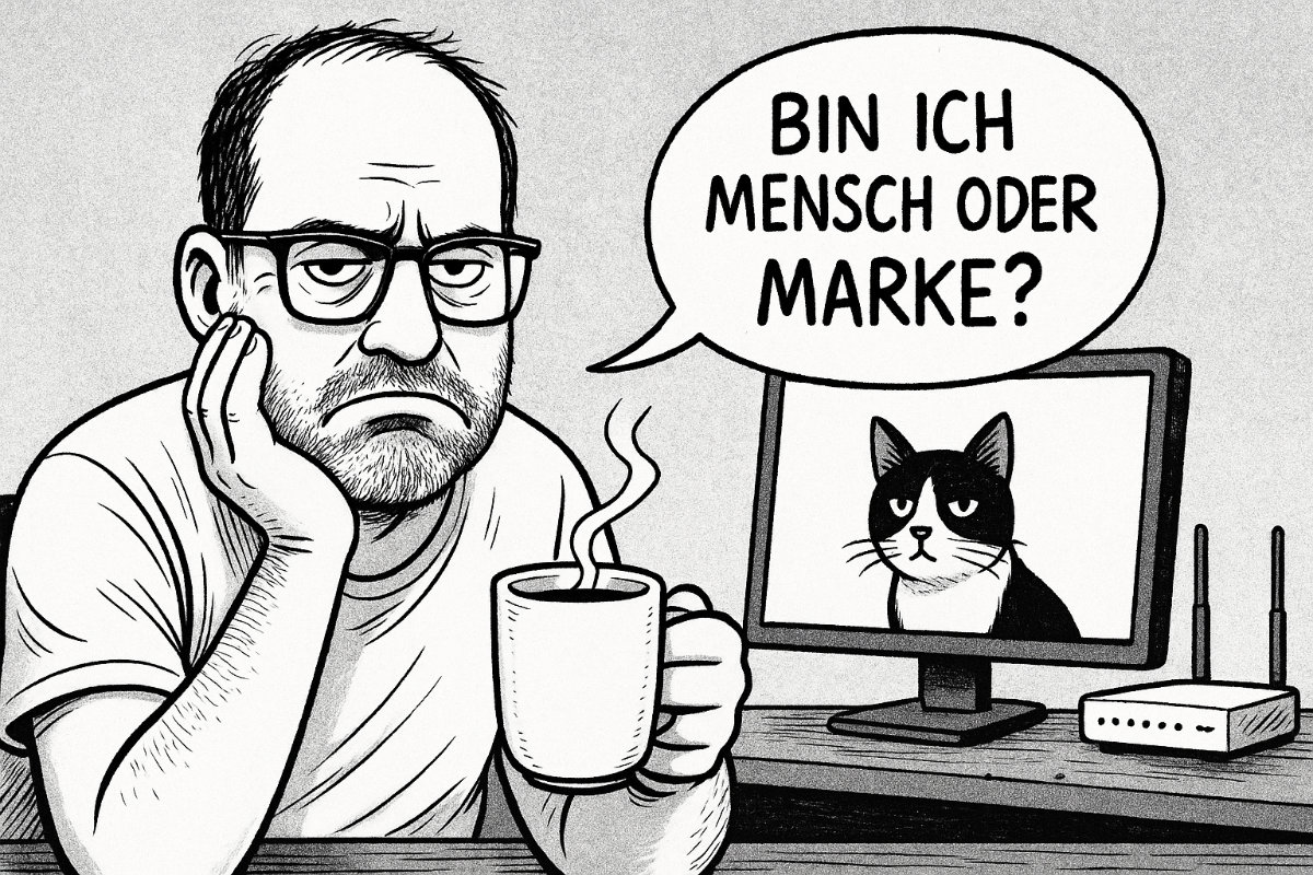Schwarz-weiß Comic-Illustration eines mürrisch dreinblickenden Mannes mit Brille und Bart, der mit der linken Hand den Kopf abstützt und in der rechten Hand eine dampfende Tasse Kaffee hält. Neben ihm liegt eine Katze, im Hintergrund ein Monitor mit Katzenbild und ein WLAN-Router. In einer Sprechblase steht: „Bin ich – Mensch oder Marke?“